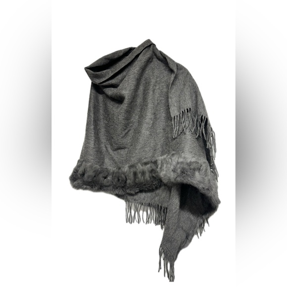JENNIFER SUN Grey Genuine RABBIT Fur Trim CASHMERE/WOOL SHAWL CAPE WRAP SCARF - Picture 1 of 8